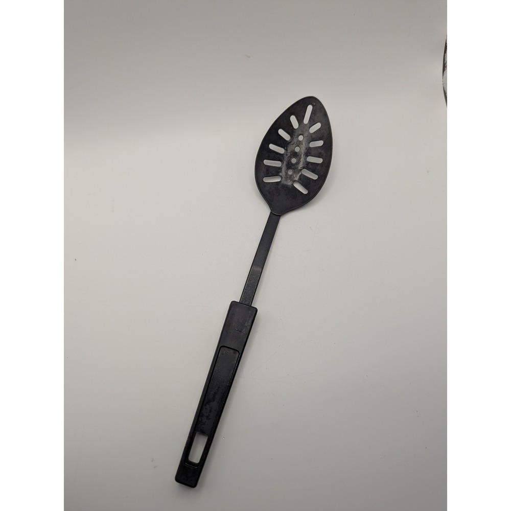 Vtg Black Metal Slotted Spoon Plastic Handle Kitchen Utensil Serving Tool